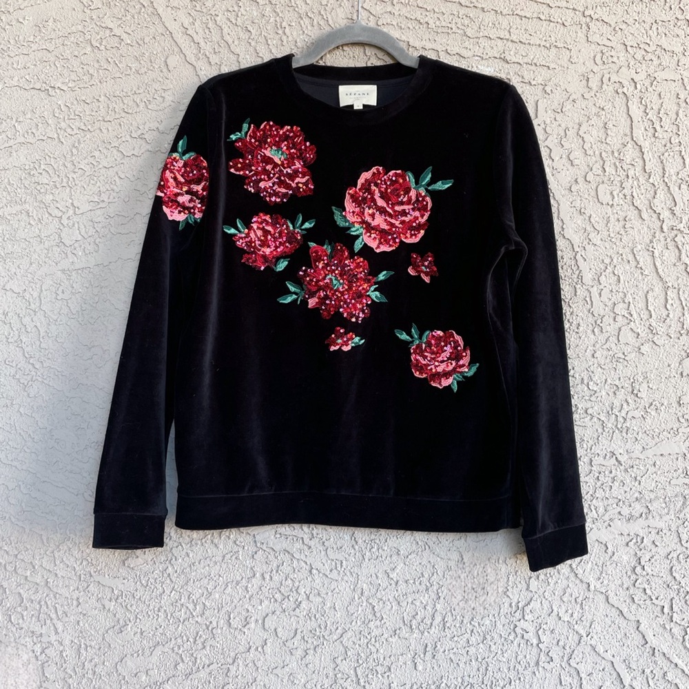 SEZANE Black & Red Velour Velvet Sweatshirt Top w/ Sequin Floral Embellishment S